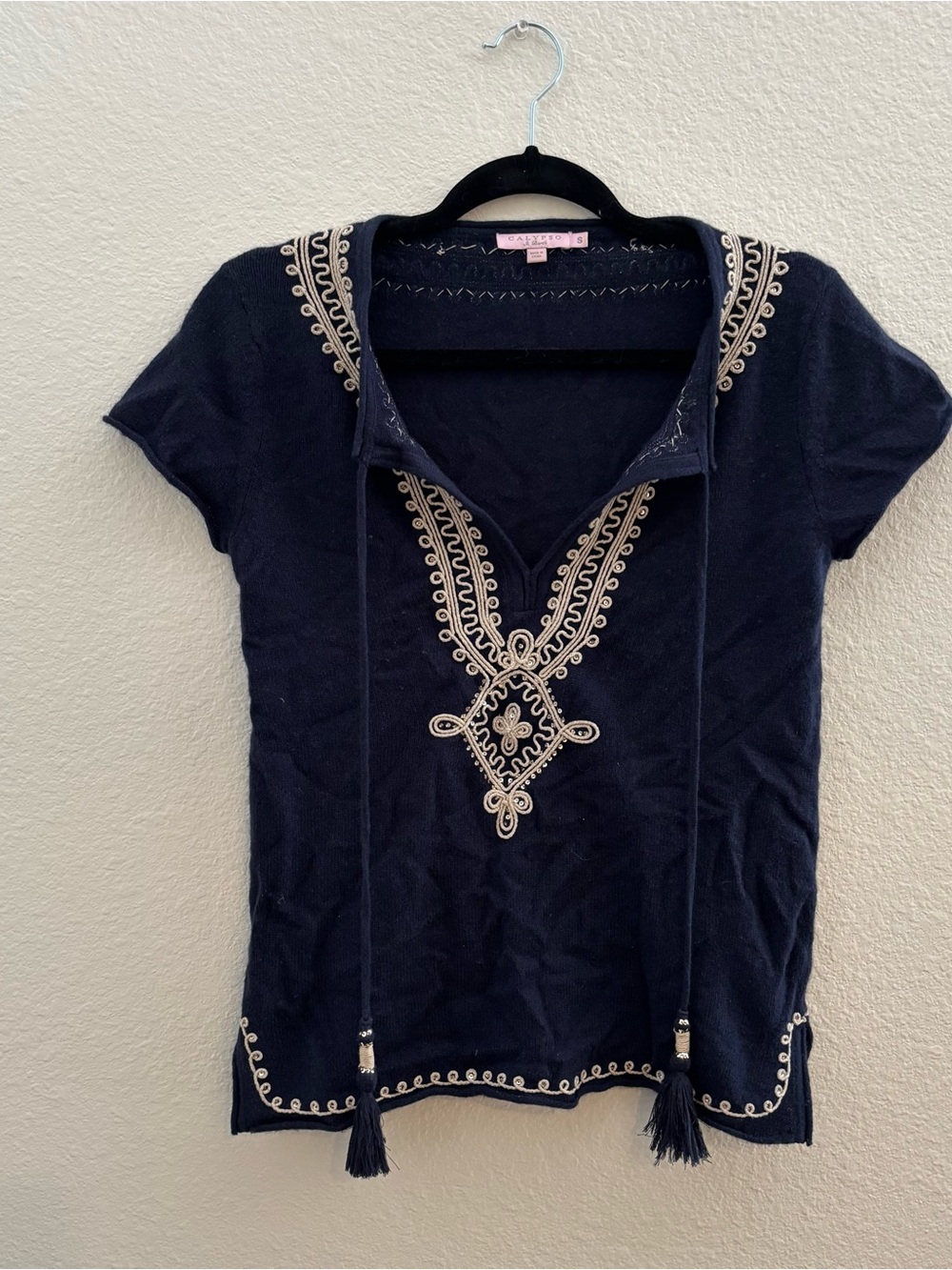 Calypso St Barth Navy Cashmere Embroidered Short-Sleeve Tunic Top